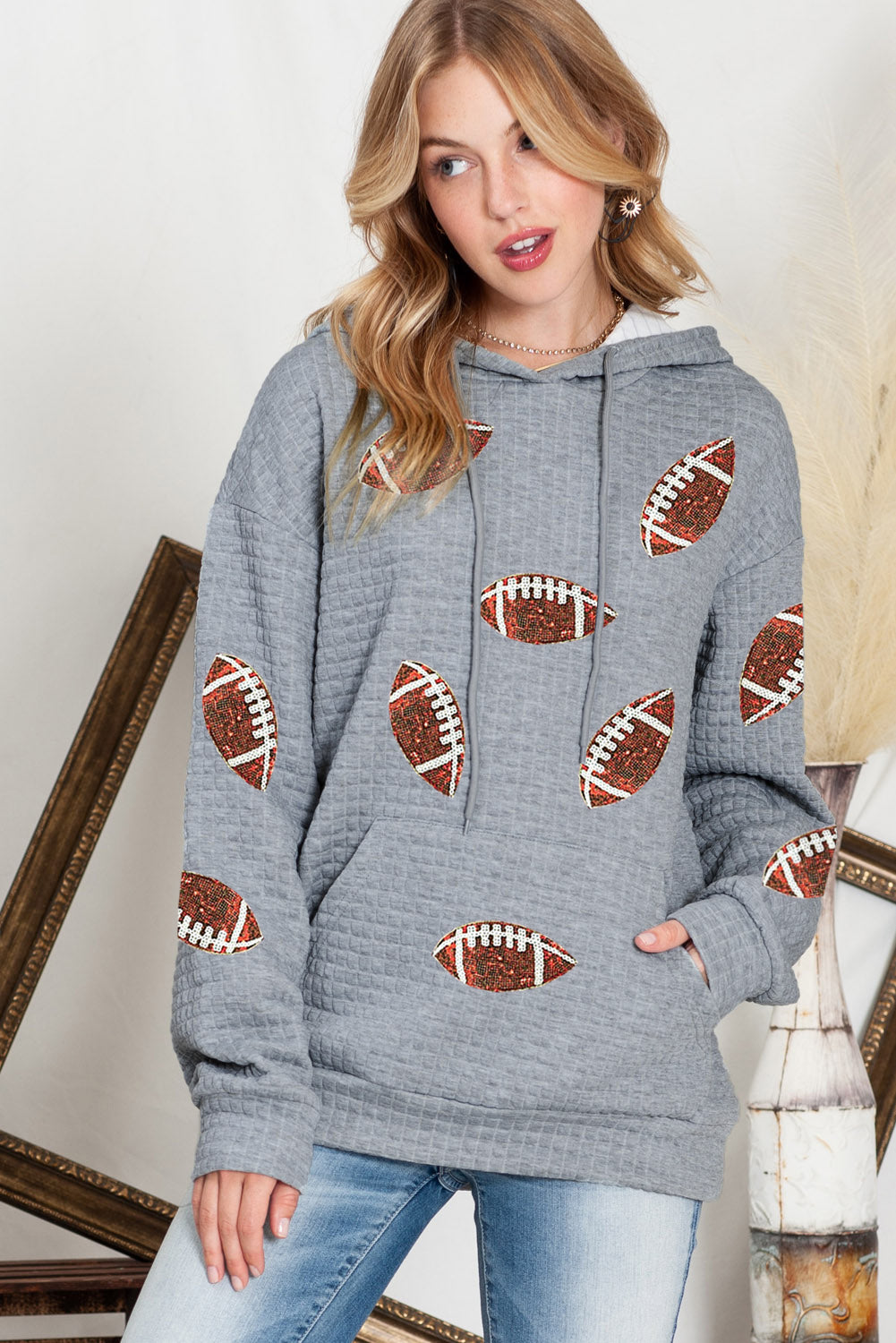 Waffle Knit Sequin Football Kangaroo Pocket Loose Hoodie