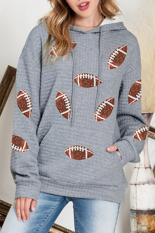 Waffle Knit Sequin Football Kangaroo Pocket Loose Hoodie