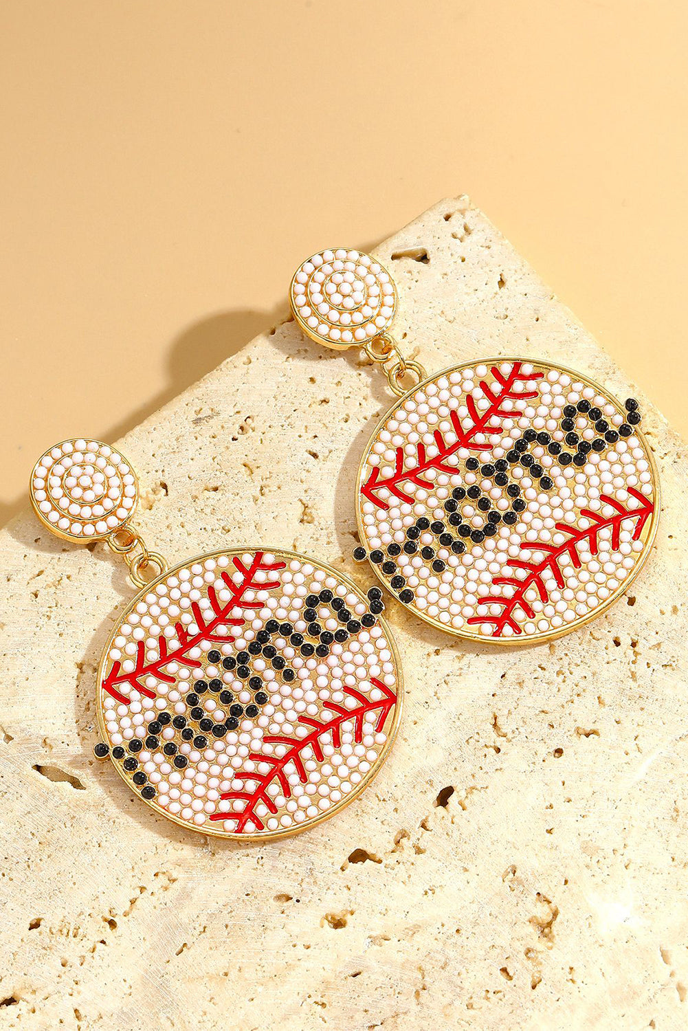 White Beaded Mama Baseball Shape Earrings