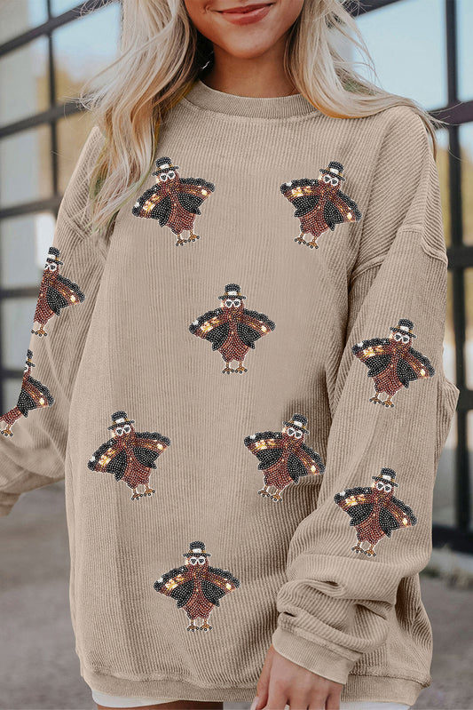Smoke Gray Twisted Ribbed Turkey Graphic Sequins Patch Thanksgiving Baggy Sweatshirt