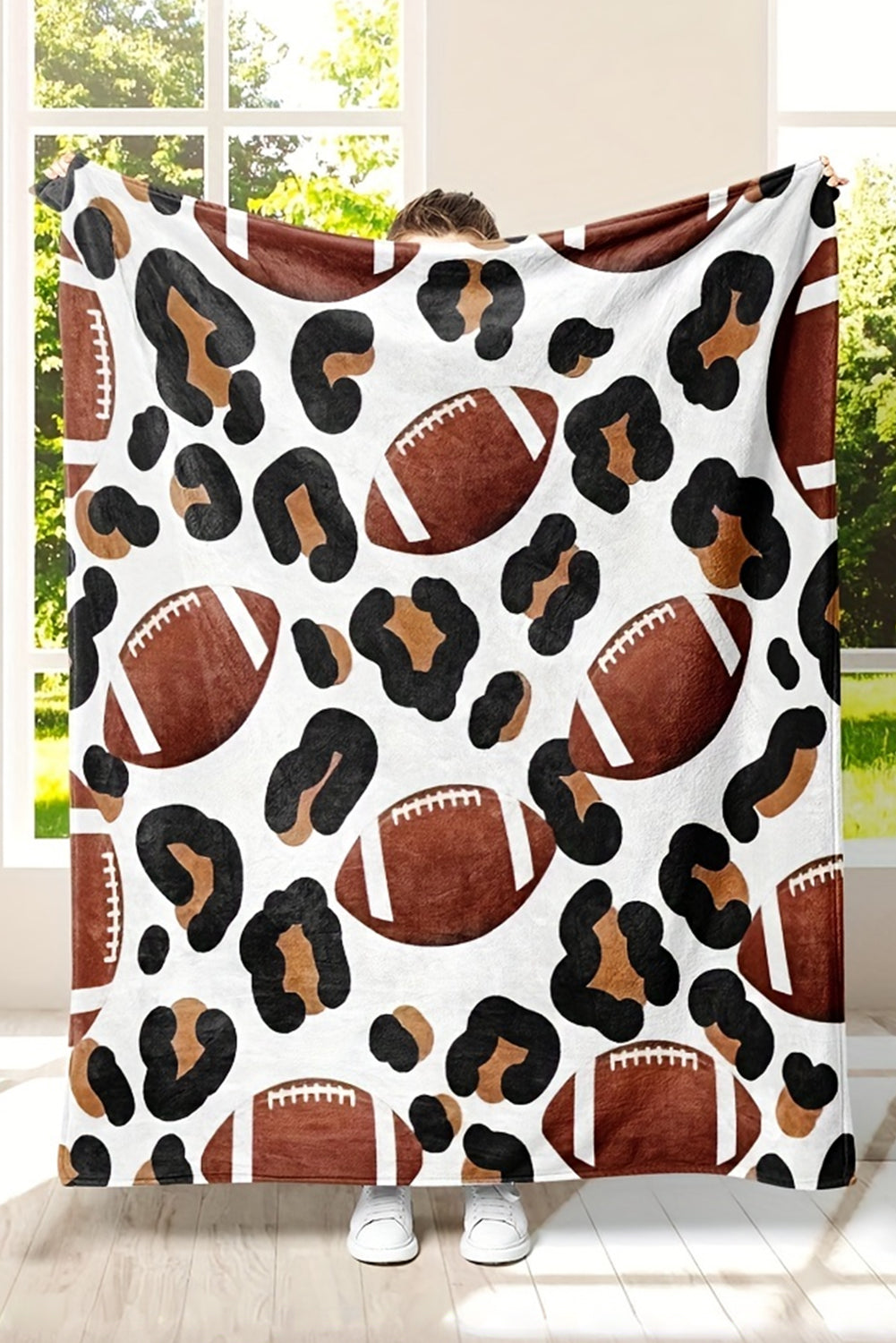 White Leopard & Football Print Flannel Blanket