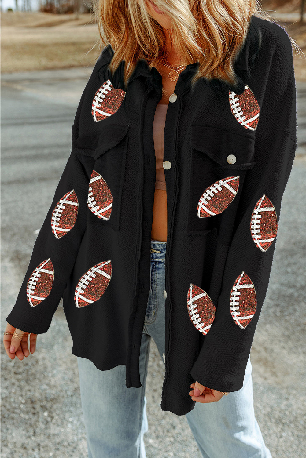 Fleece Sequin Football Graphic Flap Pocket Shacket