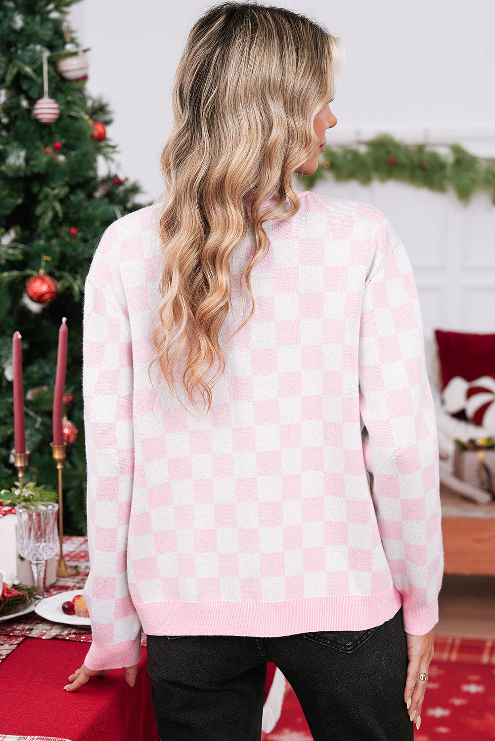 Pink Checkered Christmas Tree Pattern Button V Neck Knit Cardigan