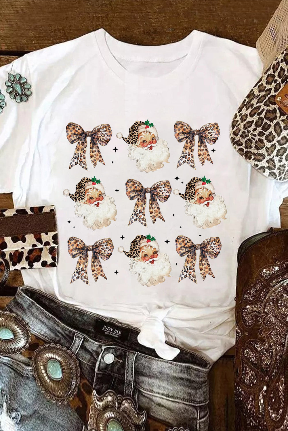 Black Santa Claus Leopard Bow Heat Transfer Printing Crew Neck Casual T Shirt