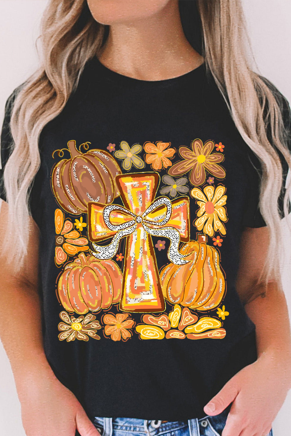 Black Thanksgiving Pray Cross Pumpkin Heat Transfer Printing Graphic Cotton Blend Tee