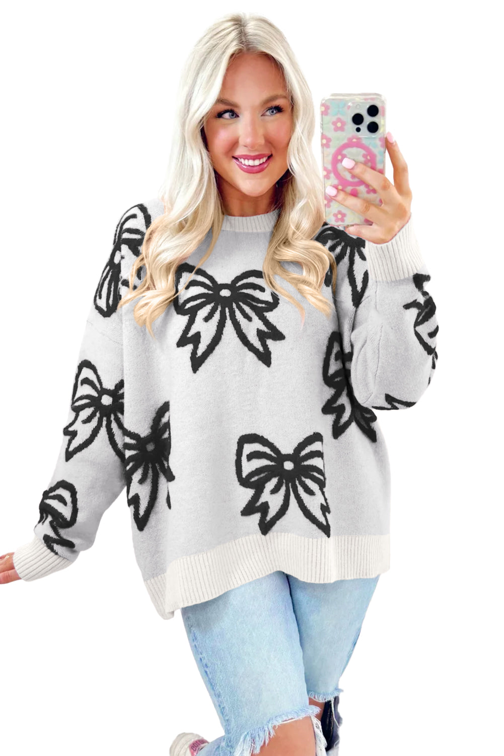 White Bow Pattern Drop Shoulder Loose Sweater
