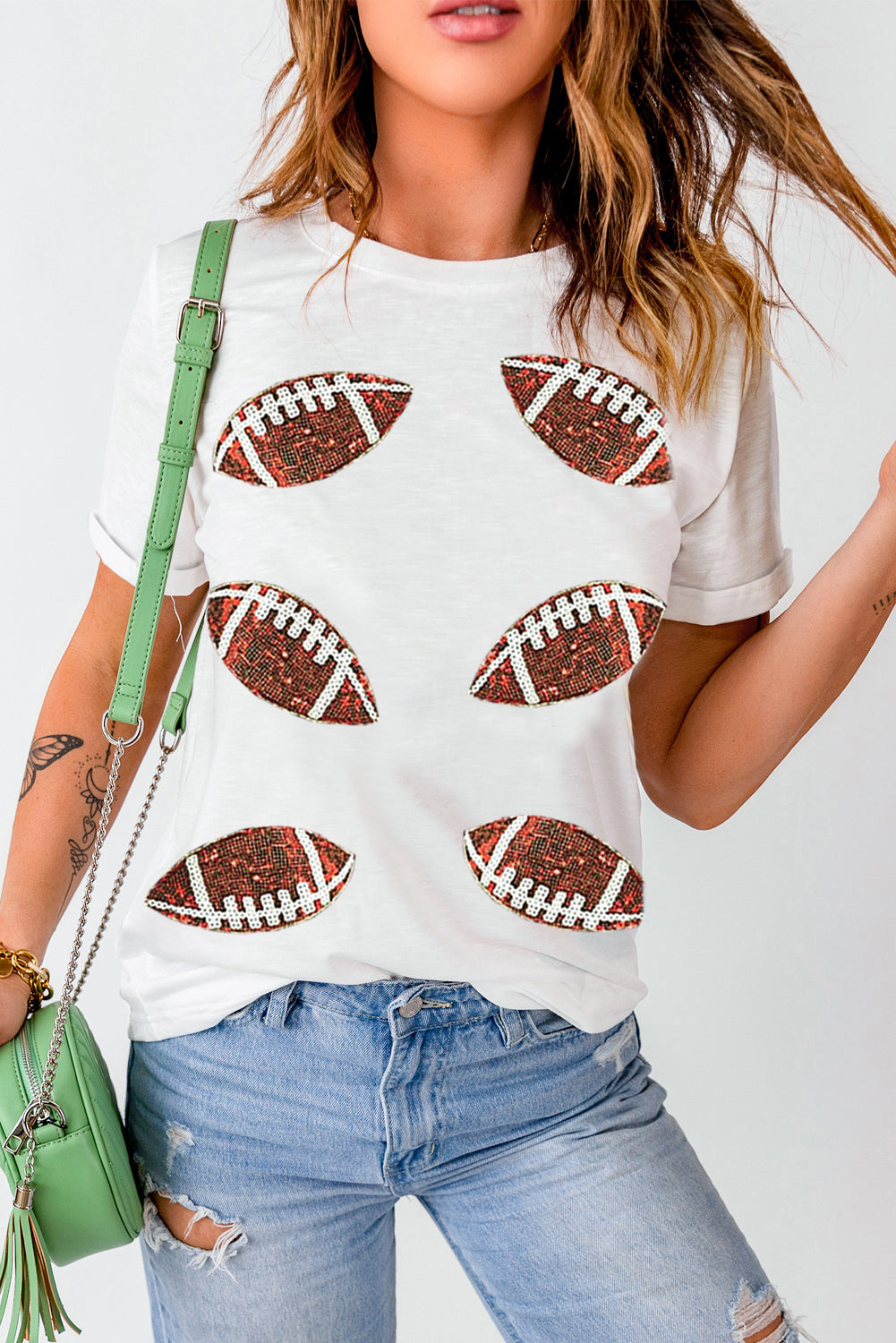 White Cotton Sequined Rugby Graphic T Shirt