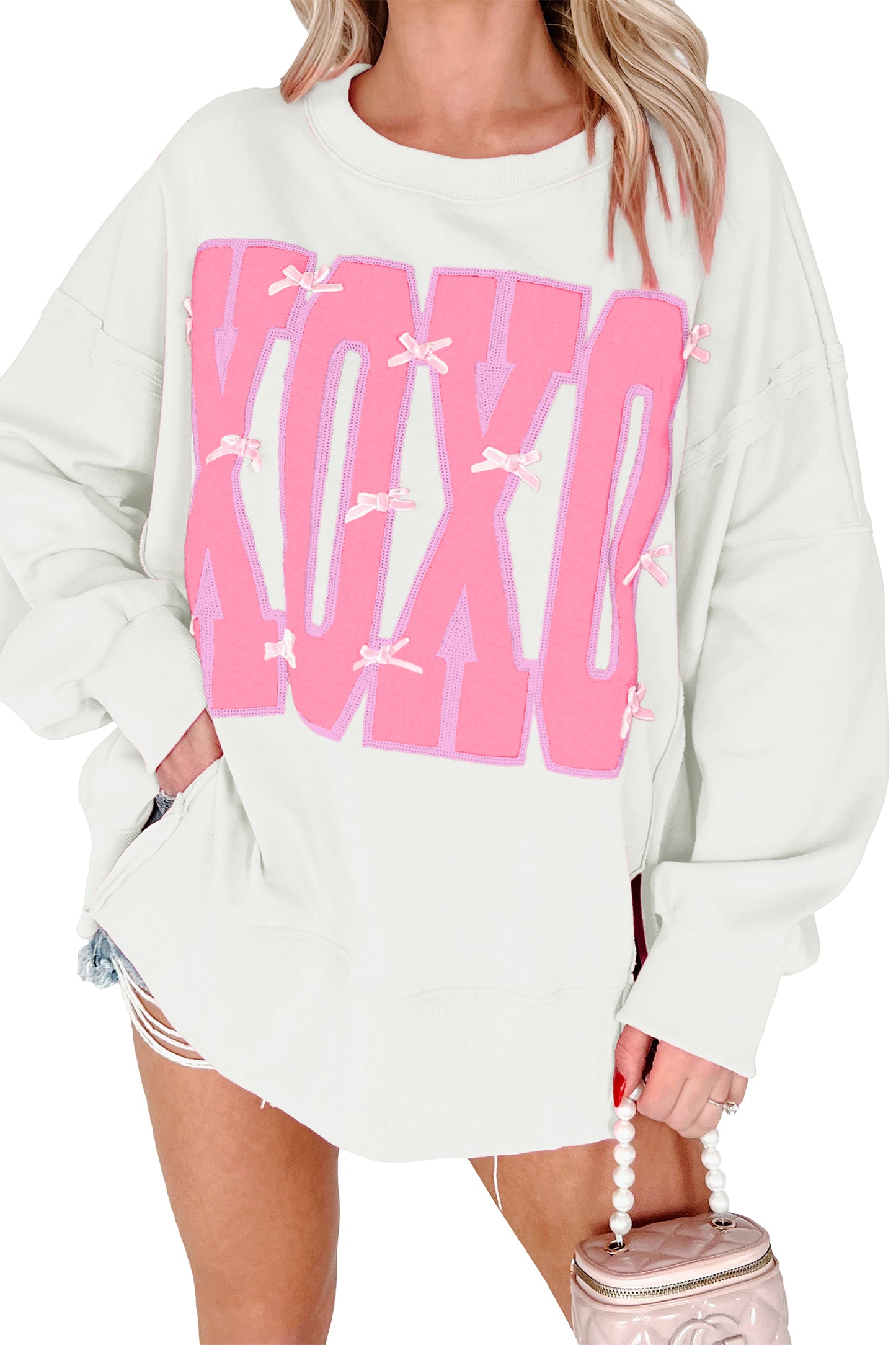 White Bow Sequin XOXO Letter Graphic Exposed Seam Baggy Sweatshirt