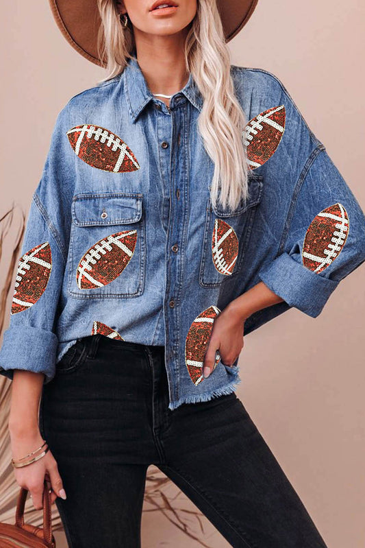 Sequin Football Raw Hem Denim Jacket