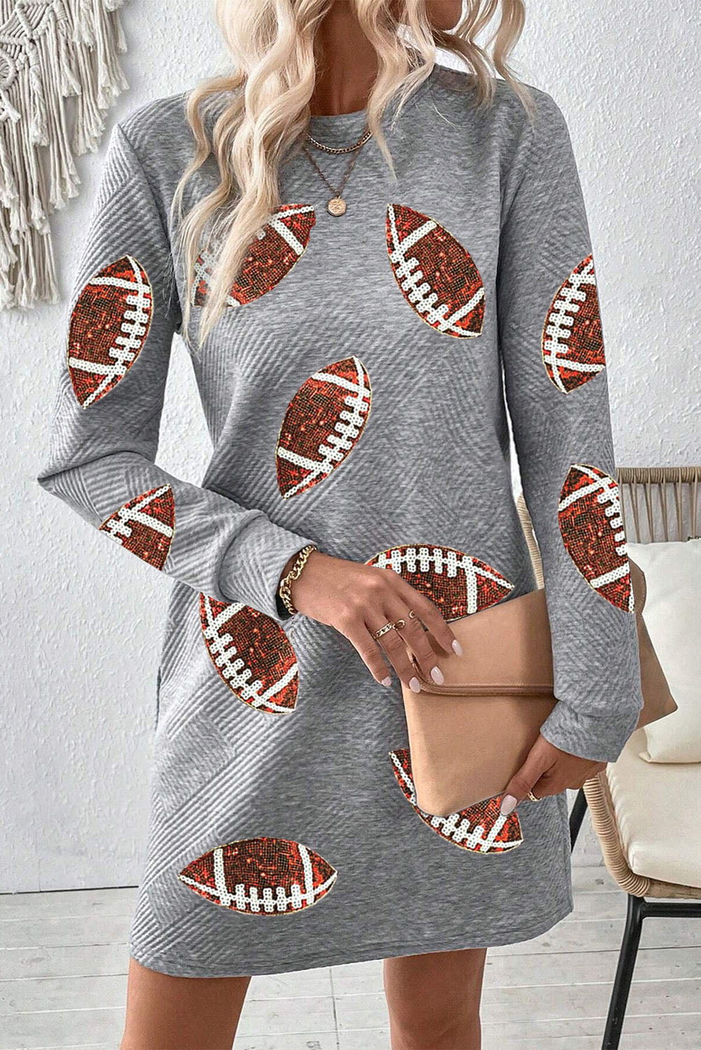 Football Round Neck Textured Mini Dress