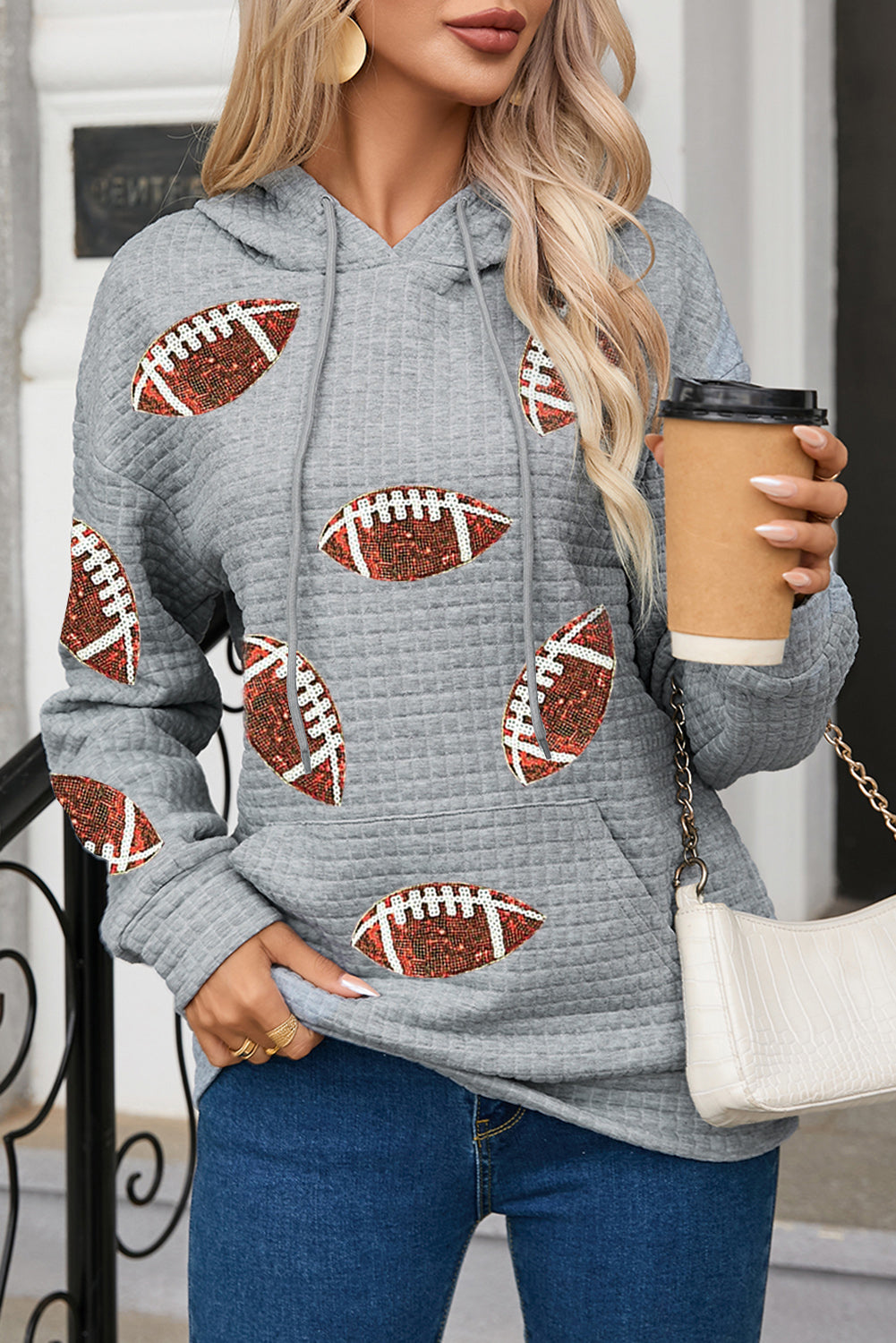 Waffle Knit Sequin Football Kangaroo Pocket Loose Hoodie