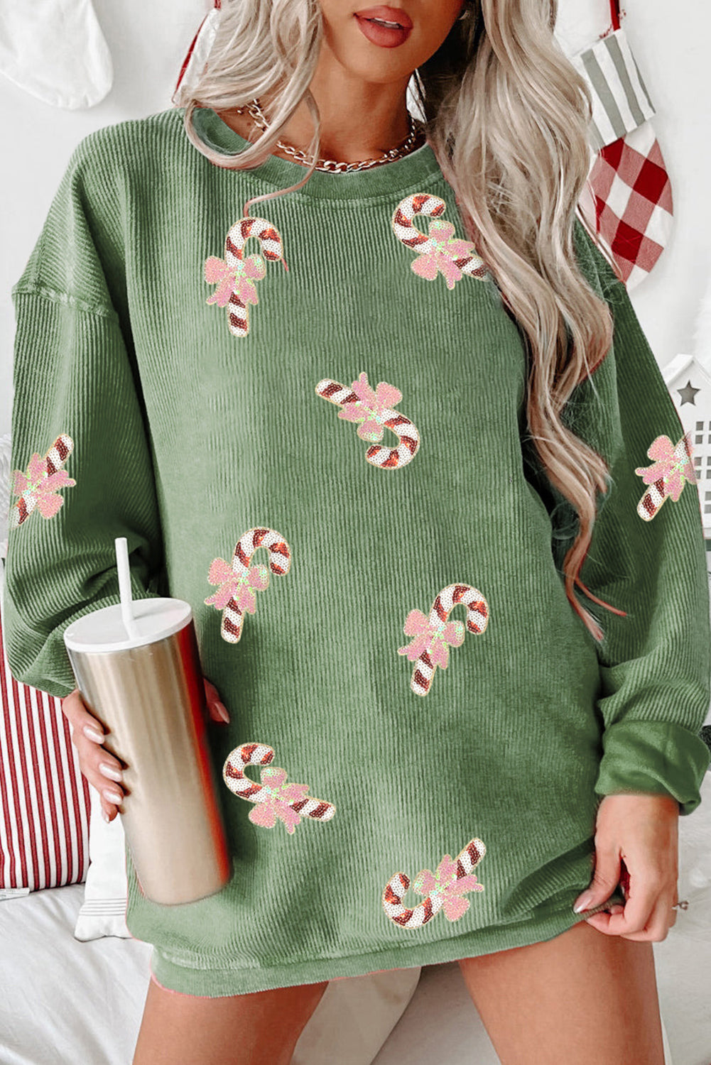 Grass Green Christmas Candy Cane Sequins Patch Corded Ribbed Baggy Sweatshirt