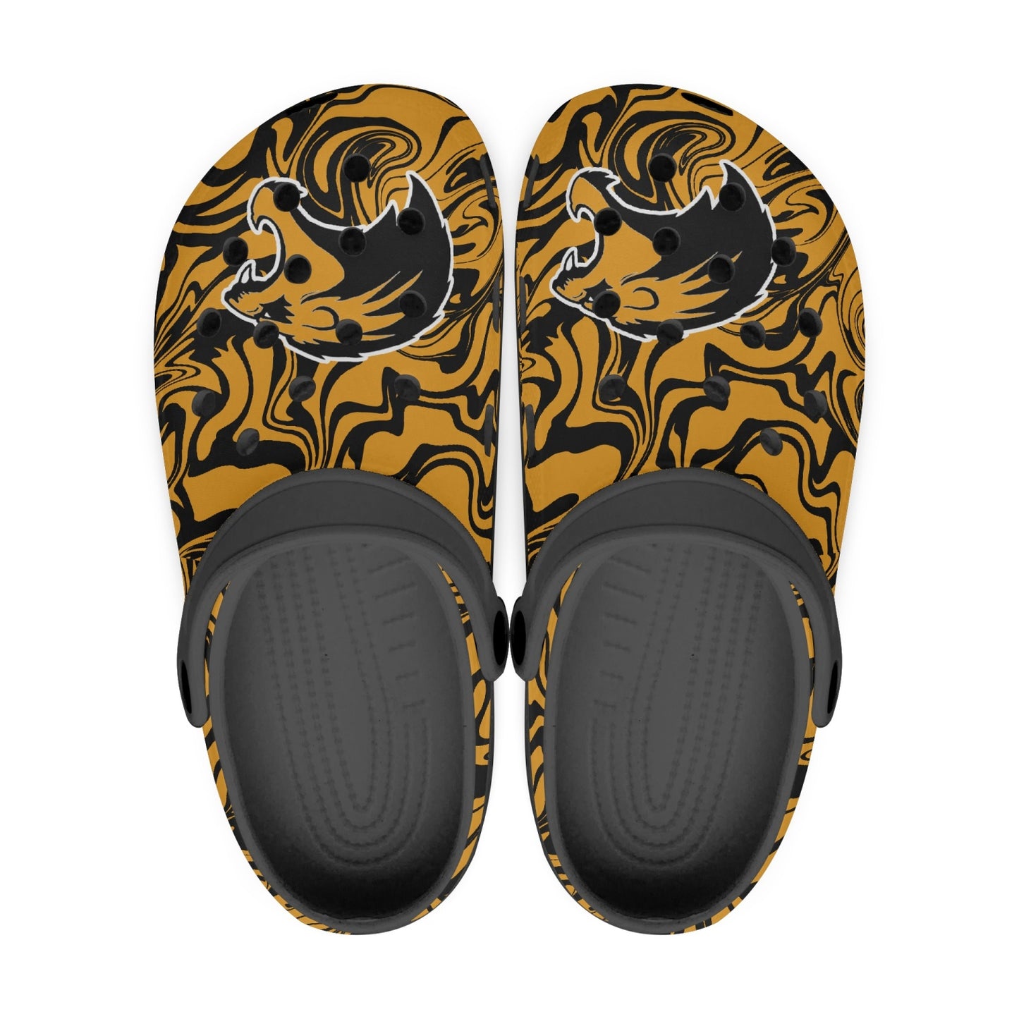 Psychedelic Orange and Black Lions "Crocs"