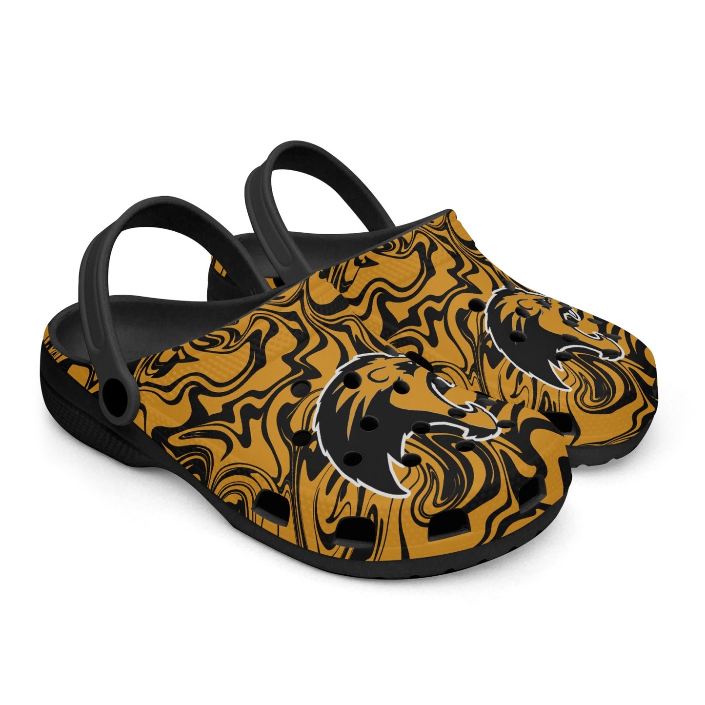 Psychedelic Orange and Black Lions "Crocs"