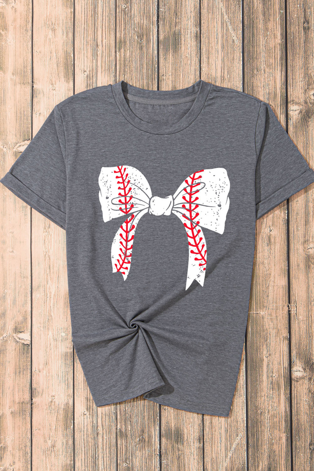 Gray Baseball Bowknot Graphic Casual Tee