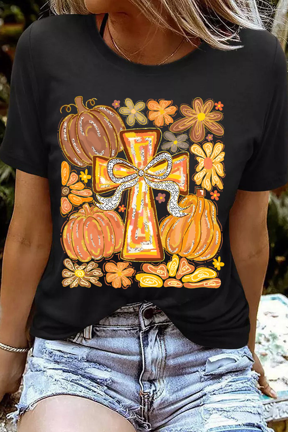 Black Thanksgiving Pray Cross Pumpkin Heat Transfer Printing Graphic Cotton Blend Tee