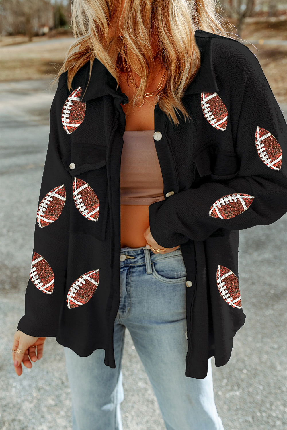 Fleece Sequin Football Graphic Flap Pocket Shacket