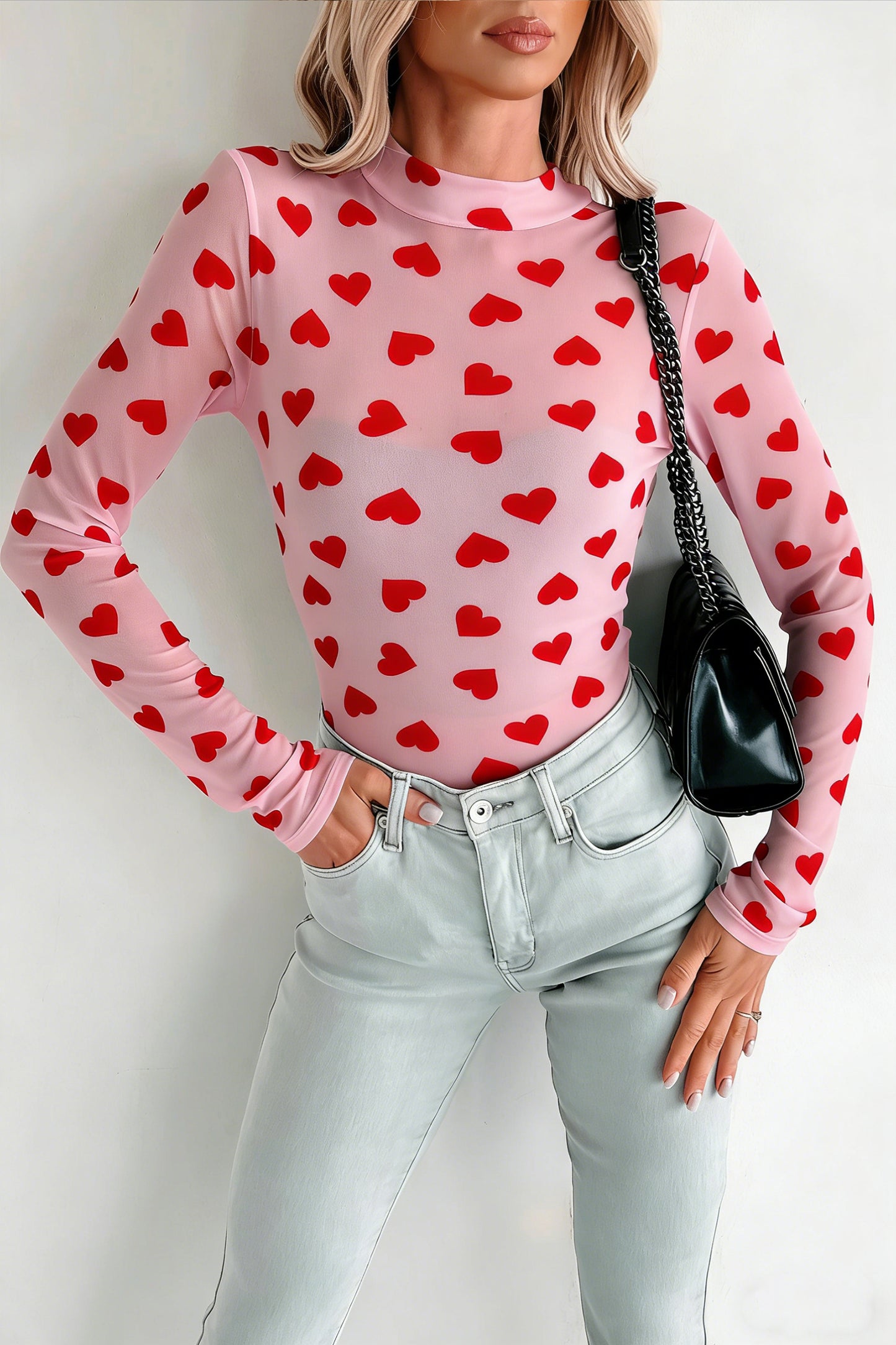 Black Valentines Heart Printed Sheer Mesh Long Sleeve Top