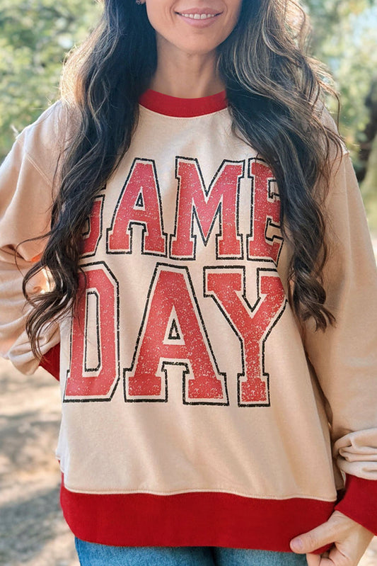 Red and White GAME DAY Letter Contrast Trim Baggy Sweatshirt