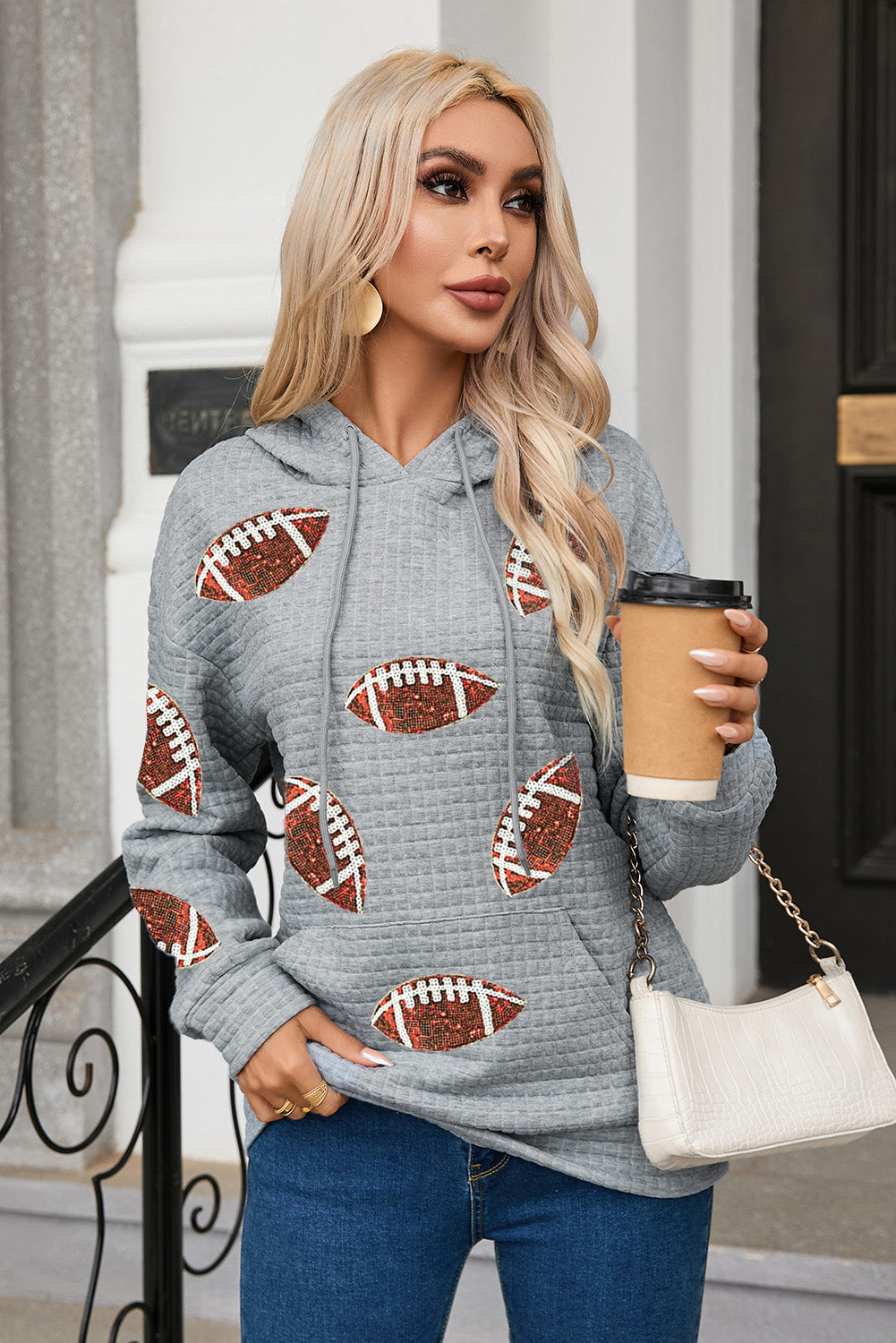 Waffle Knit Sequin Football Kangaroo Pocket Loose Hoodie