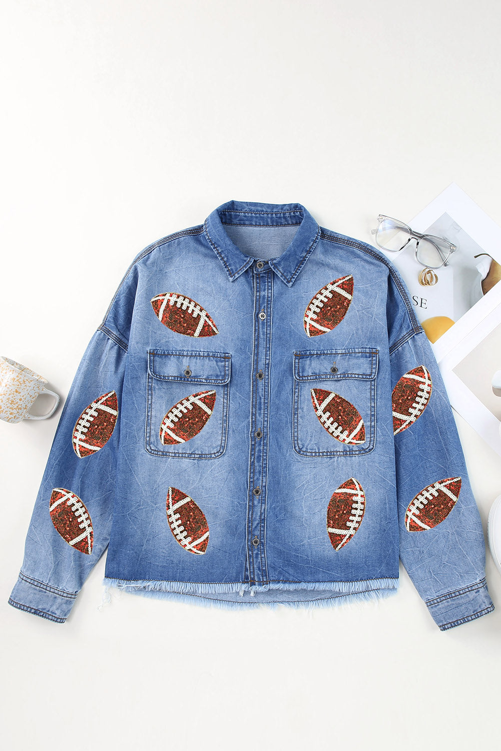 Sequin Football Raw Hem Denim Jacket