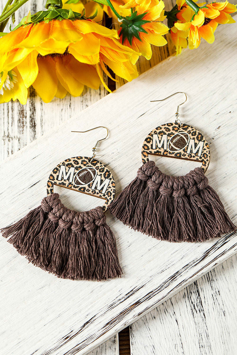 White Leopard Football MOM Print Fringed Hook Earrings