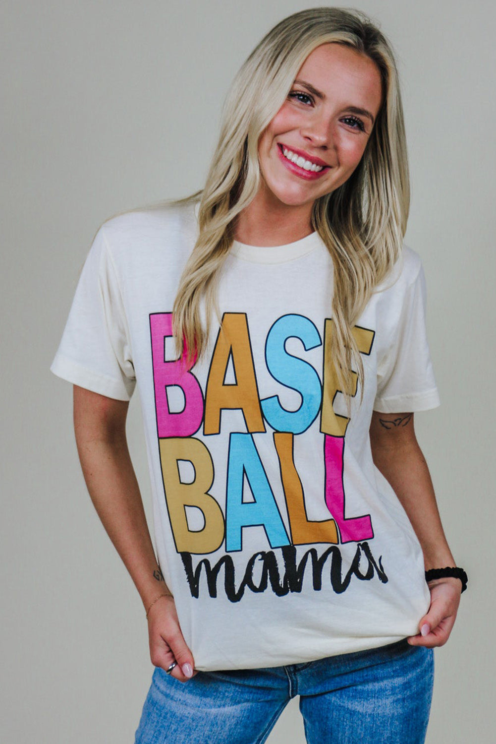 White Colorful Baseball Mama Letter Graphic Tee