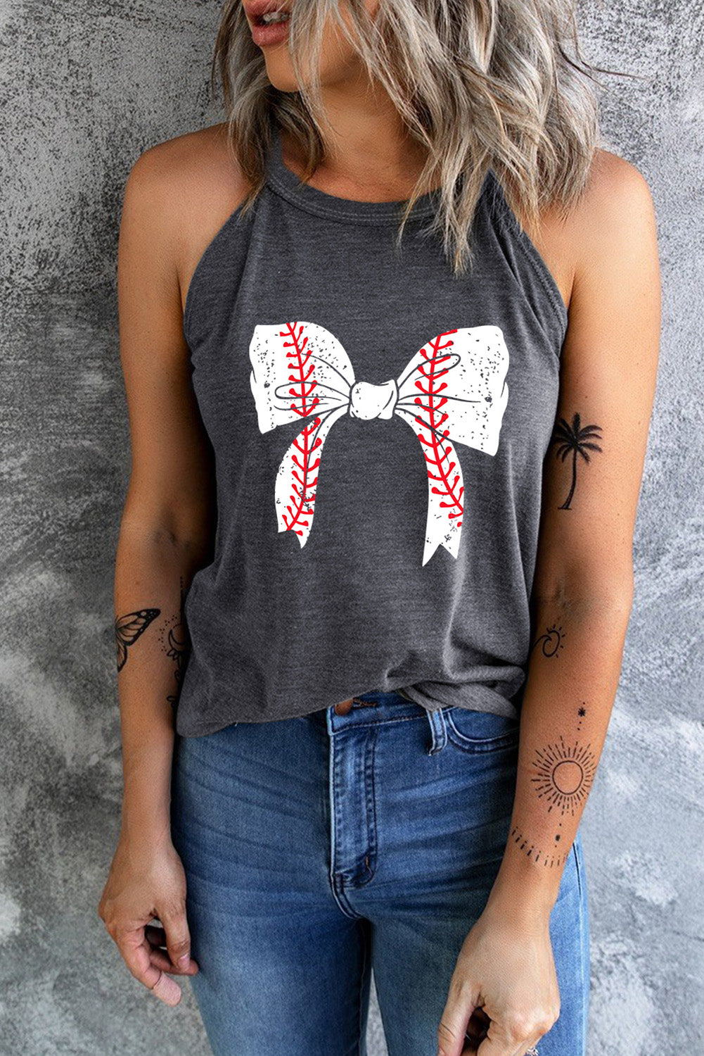 Gray Baseball Bow Knot Graphic Halter Tank Top