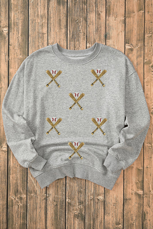 Gray Sequin Baseball Bat Game Day Graphic Casual Sweatshirt