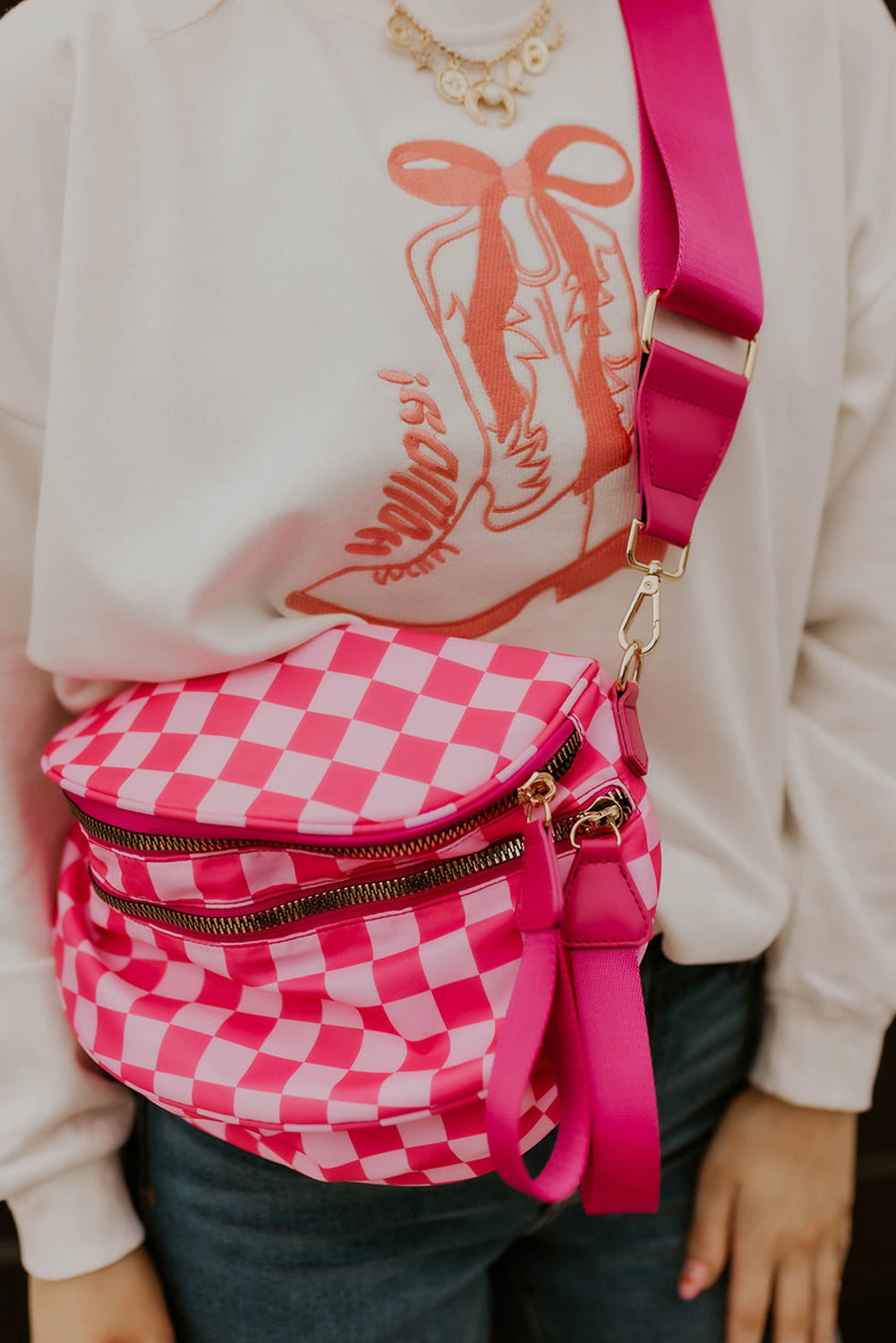 Fiery Red Checkered Print Wide Strap Large Crossbody Bag