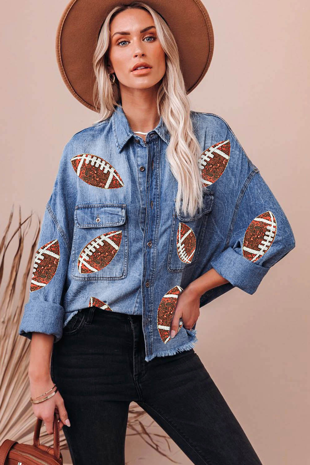 Sequin Football Raw Hem Denim Jacket