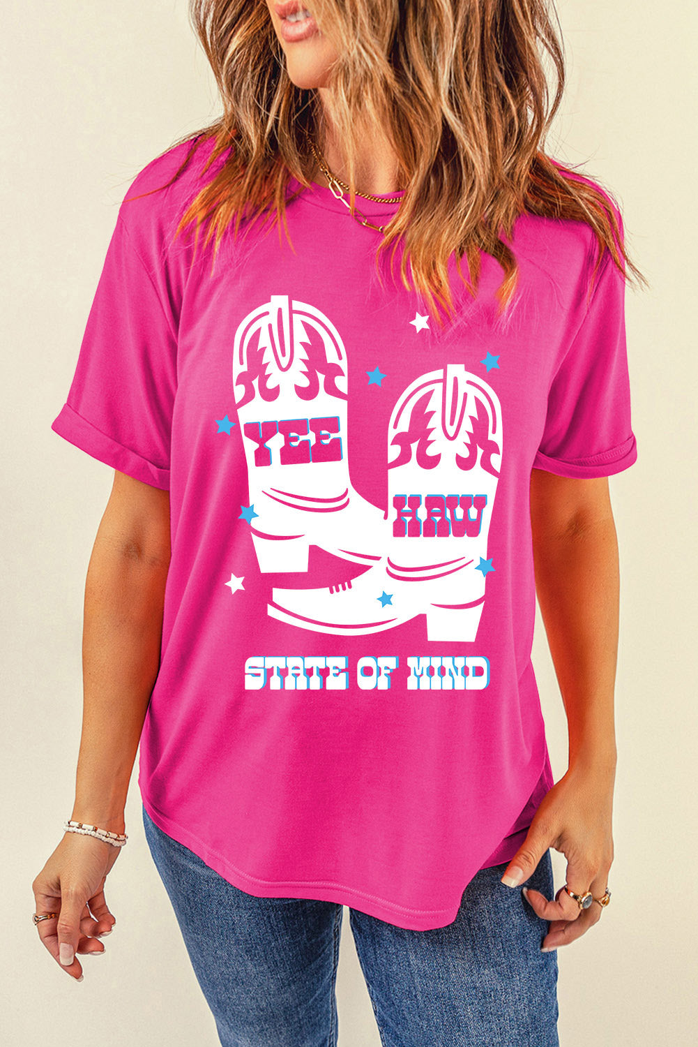 Rose Red YEE HAW Boots Graphic Crew Neck Tee