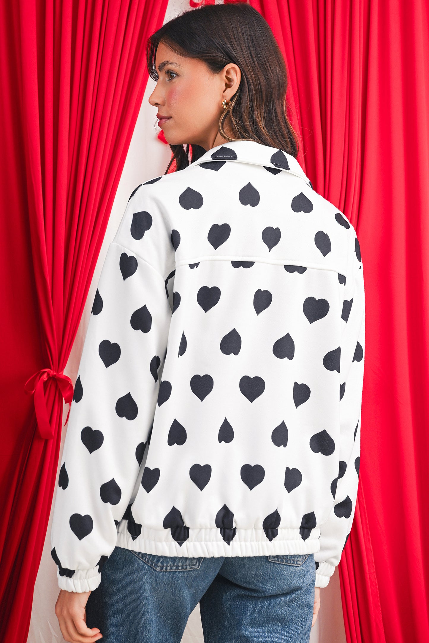White Zipper Heart Print Collared Jacket