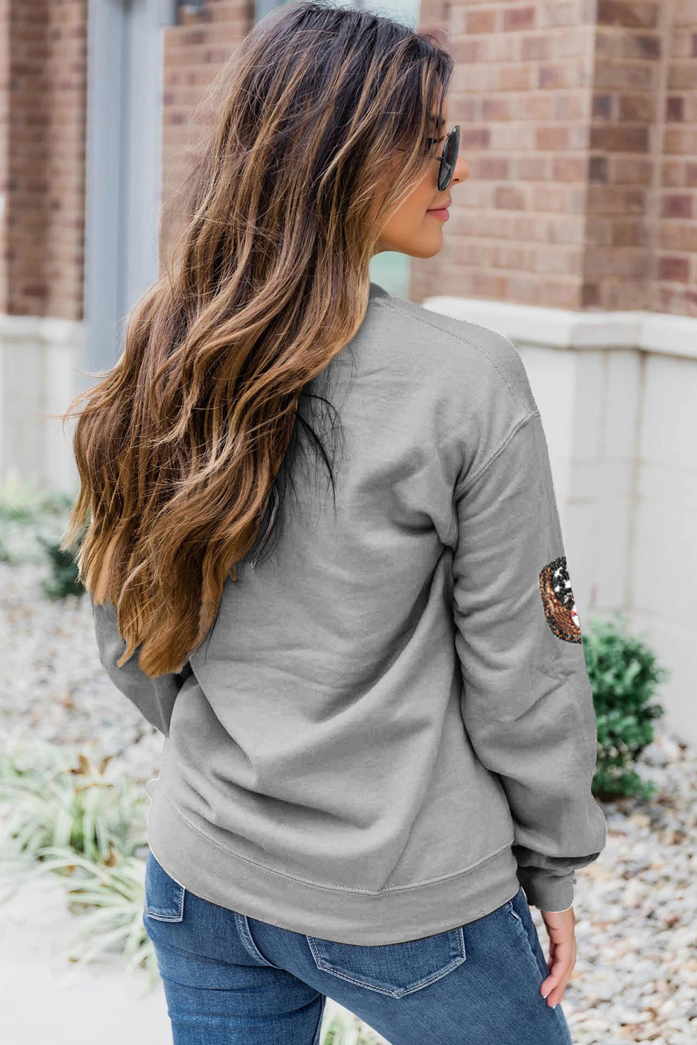 Gray Sequin Baseball Patched Casual Sweatshirt