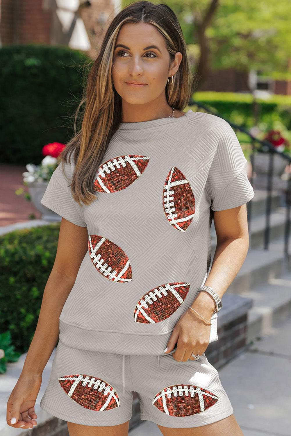 Gray Textured Sequin Football Graphic T Shirt and Shorts Set