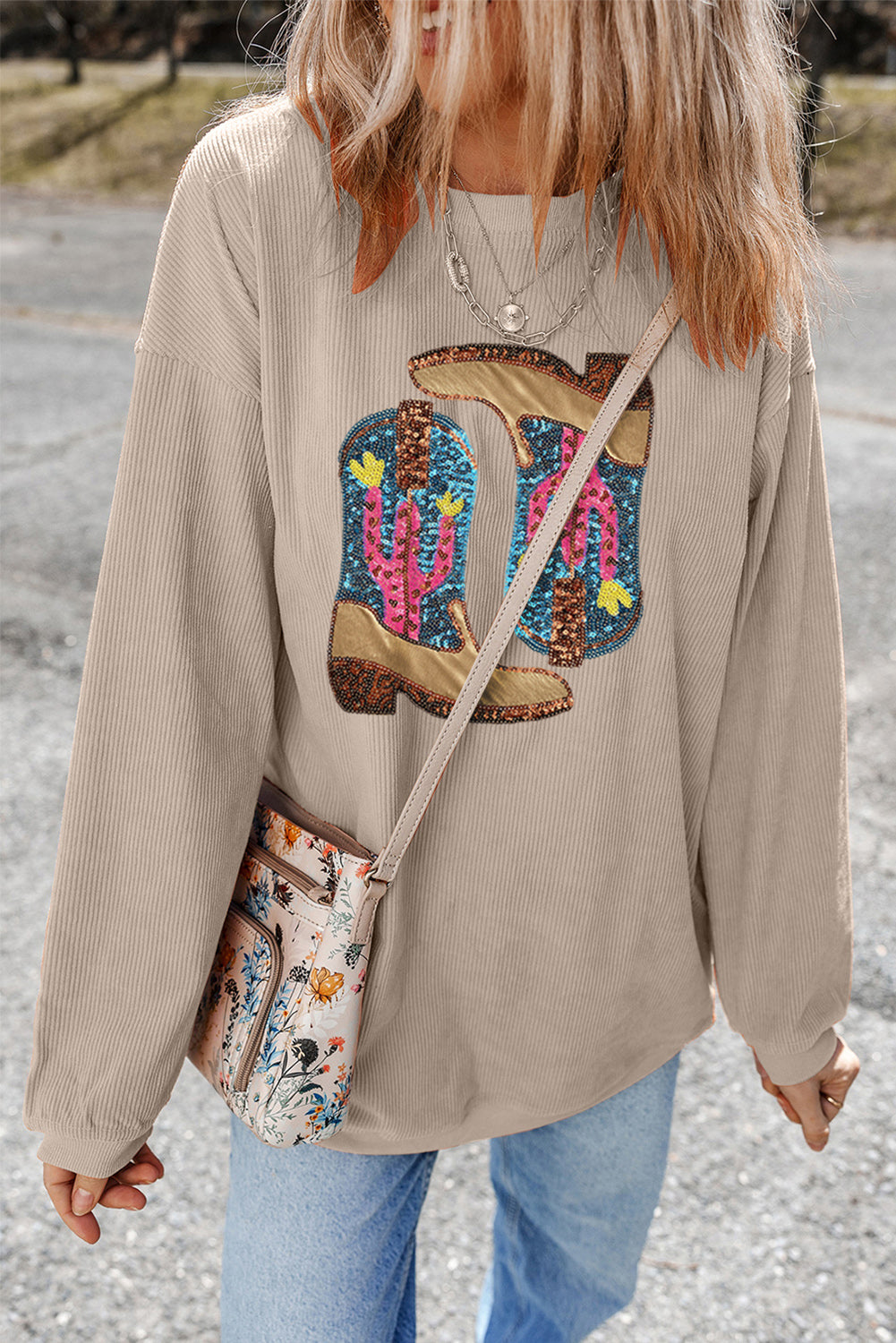 Smoke Gray Cowboy Boots Graphic Corded Loose Sweatshirt