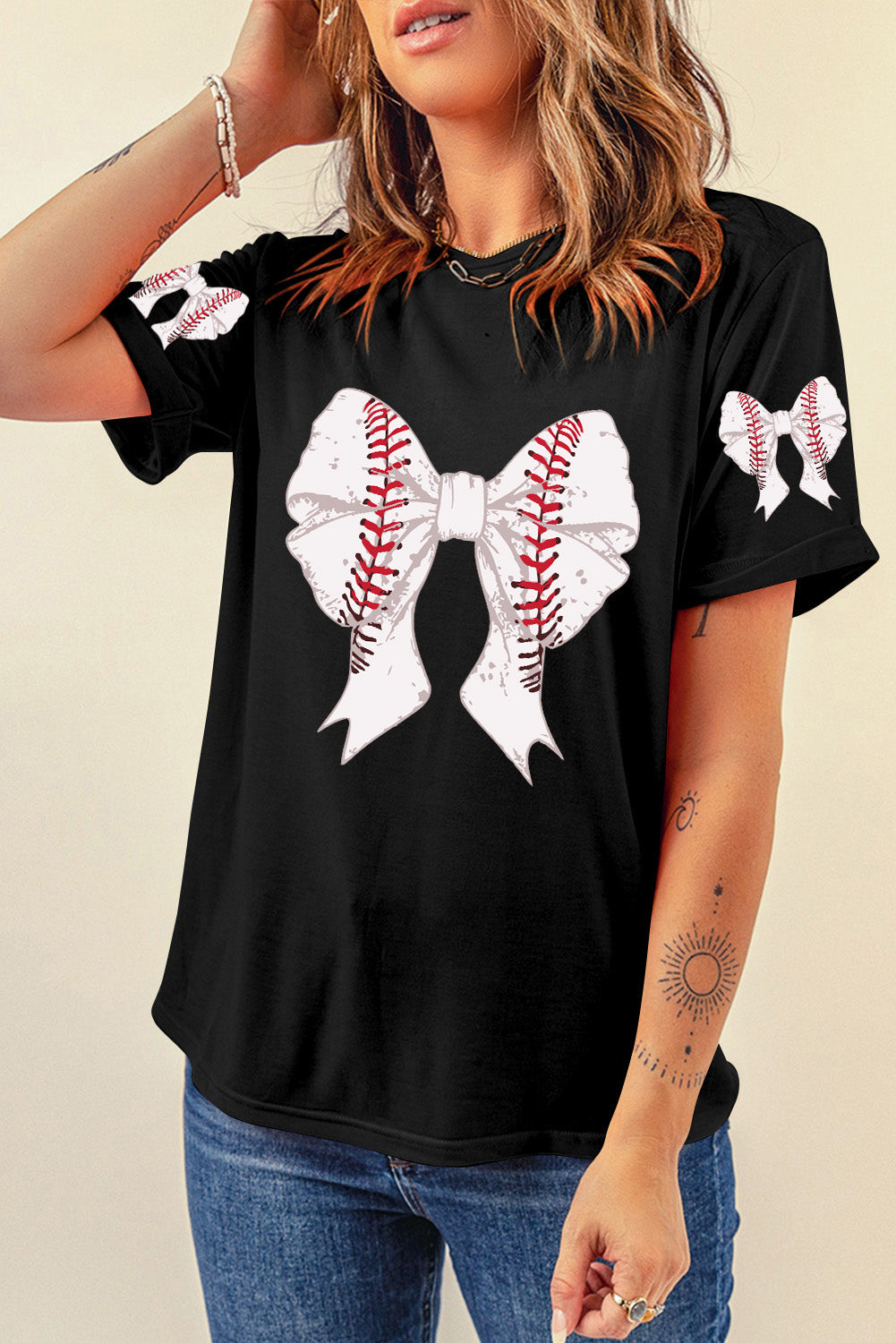 Red Bow Tie Baseball Print Graphic Tee