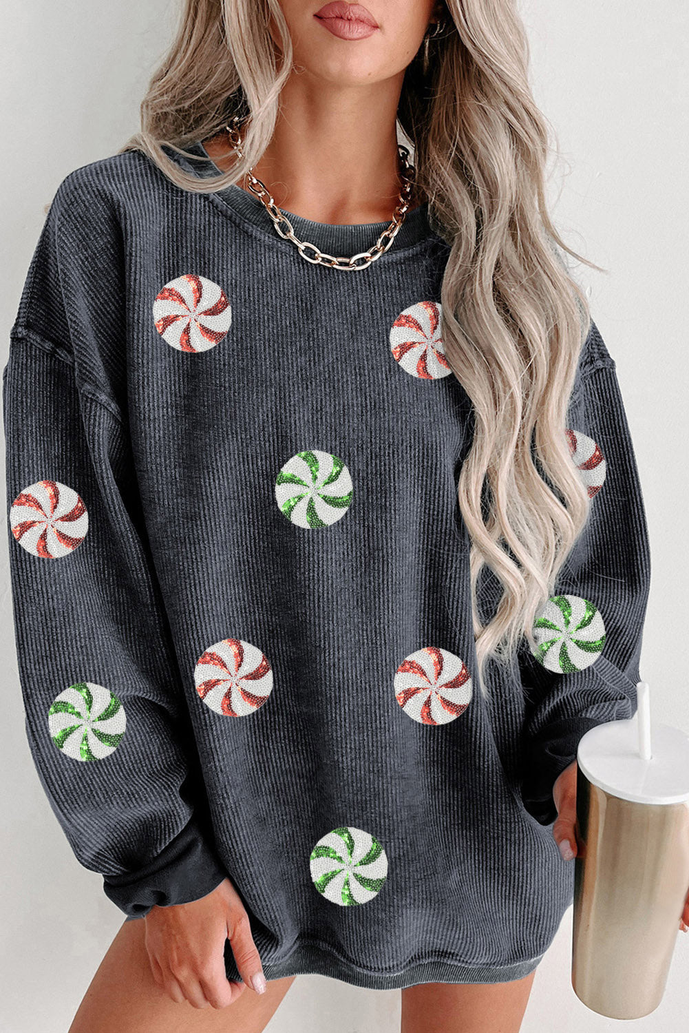 Gray Christmas Peppermint Candy Graphic Sequins Patch Ribbed Corded Baggy Sweatshirt