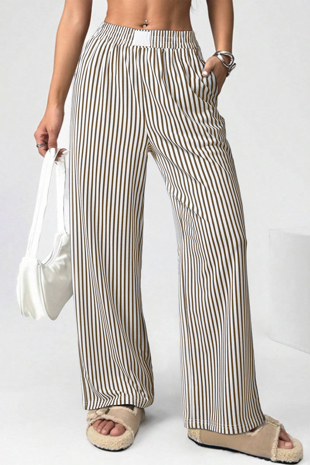 Black Striped Elastic Waistband Pocketed Loose Pants