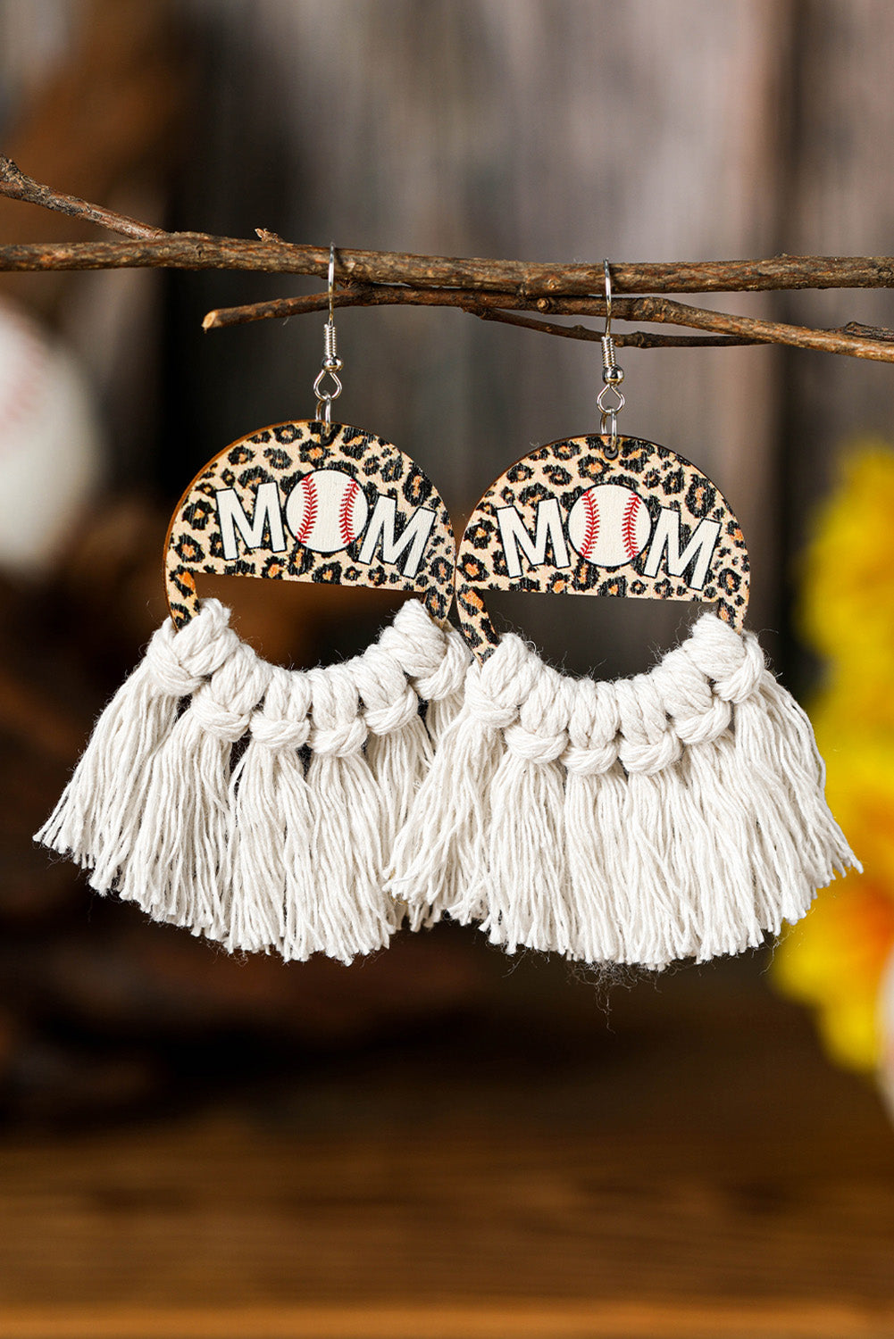 White Leopard Football MOM Print Fringed Hook Earrings