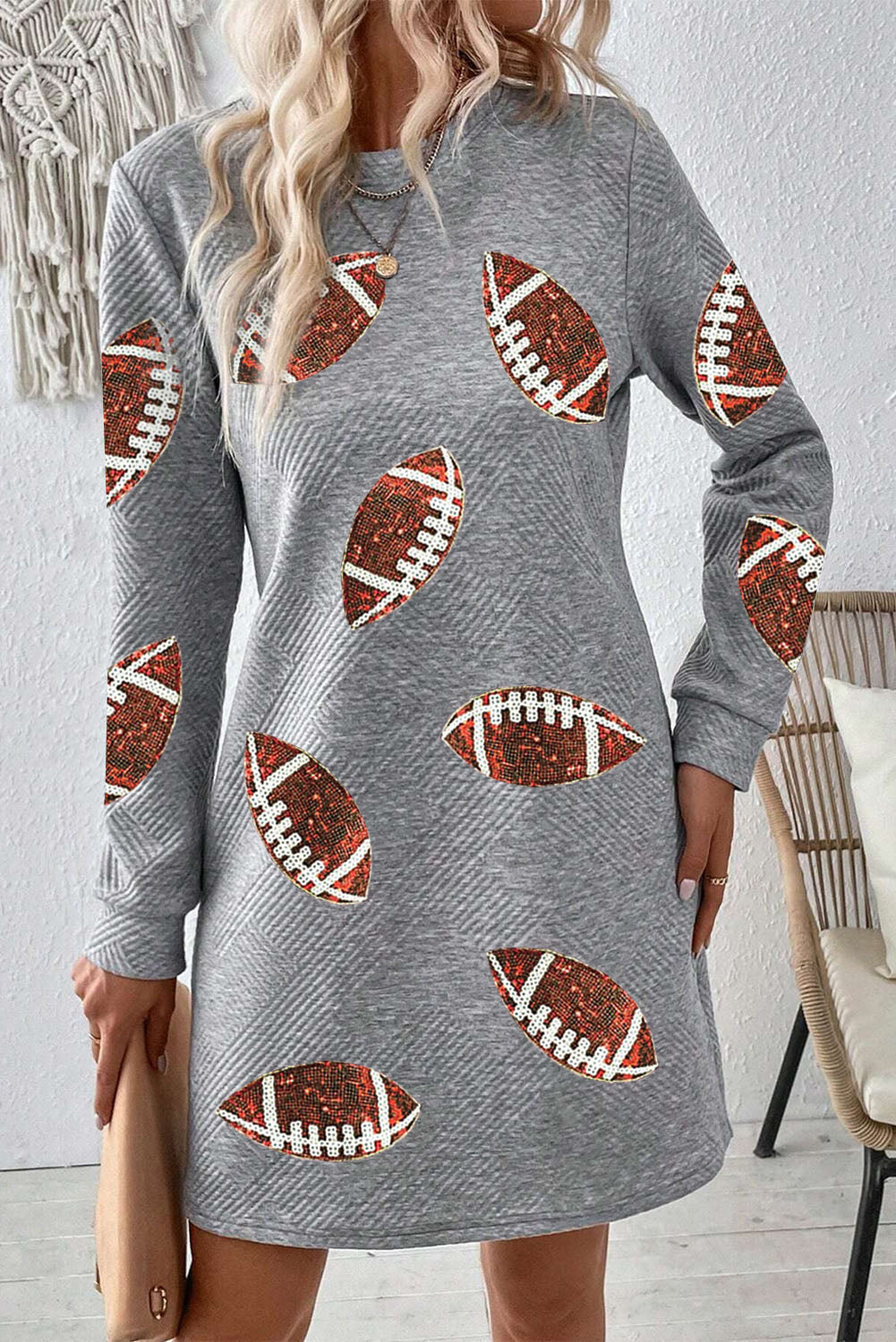 Football Round Neck Textured Mini Dress