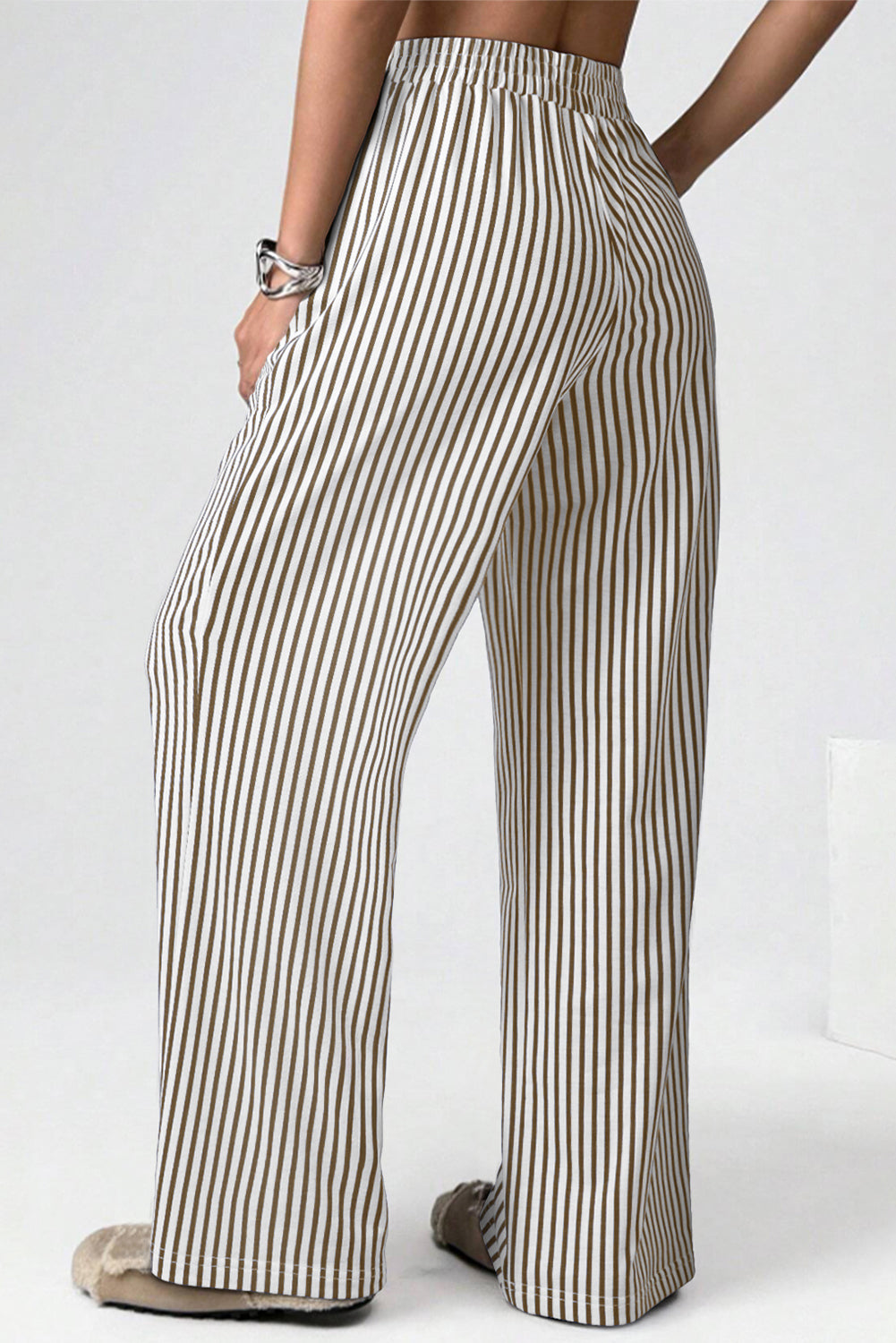 Black Striped Elastic Waistband Pocketed Loose Pants
