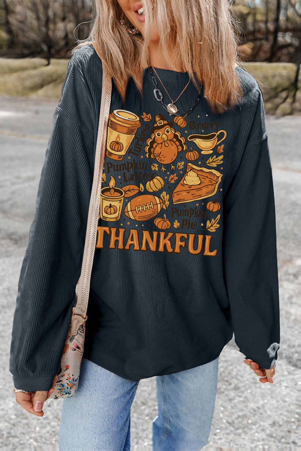 Dark Grey Twisted Ribbed THANKFUL Fall Fashion Heat Transfer Printing Baggy Sweatshirt