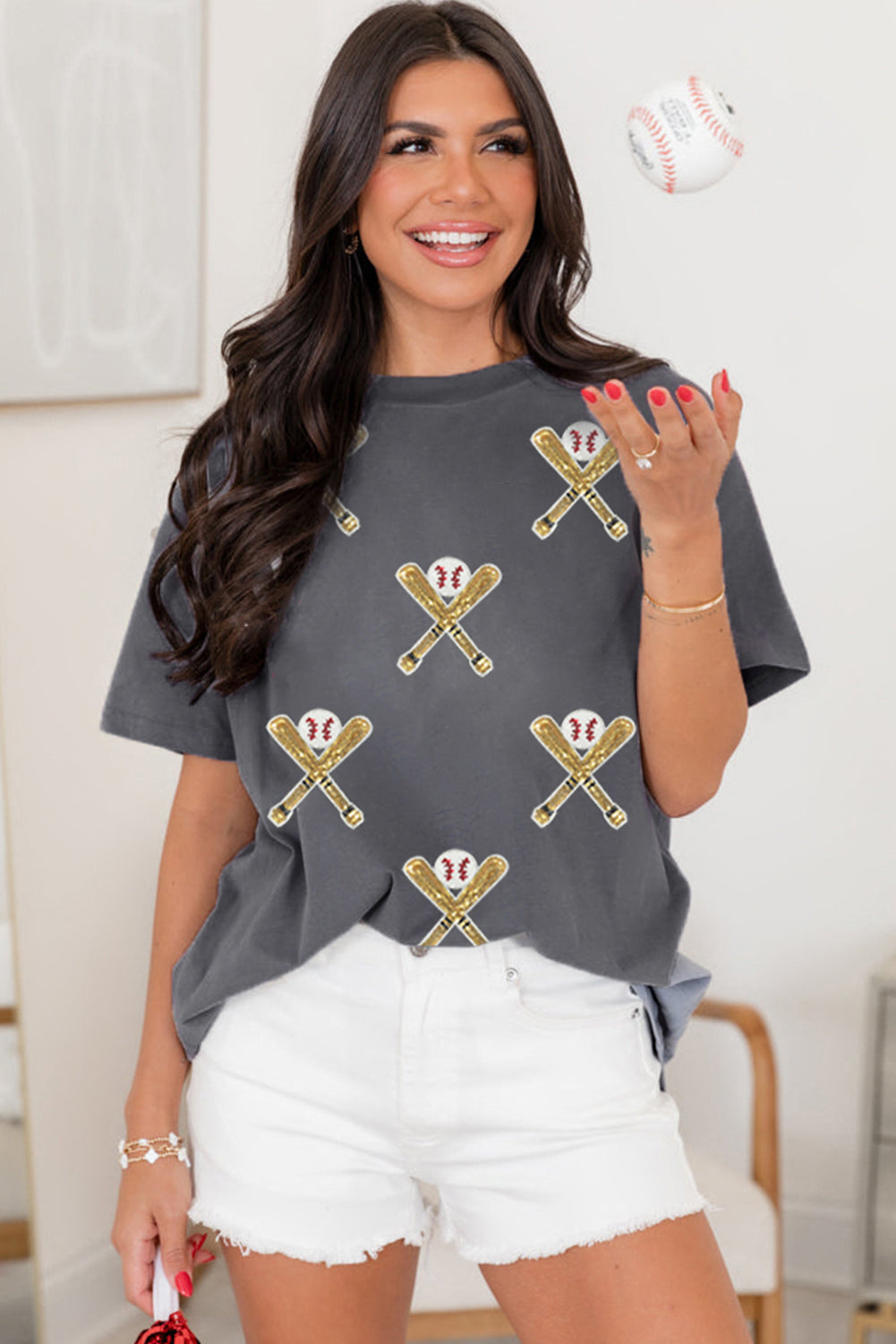Gray Baseball Bat Sequins Patch Graphic Game Day Casual Tee