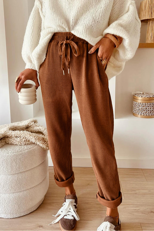 Chestnut Drawstring Elastic Waist Casual Corduroy Pants