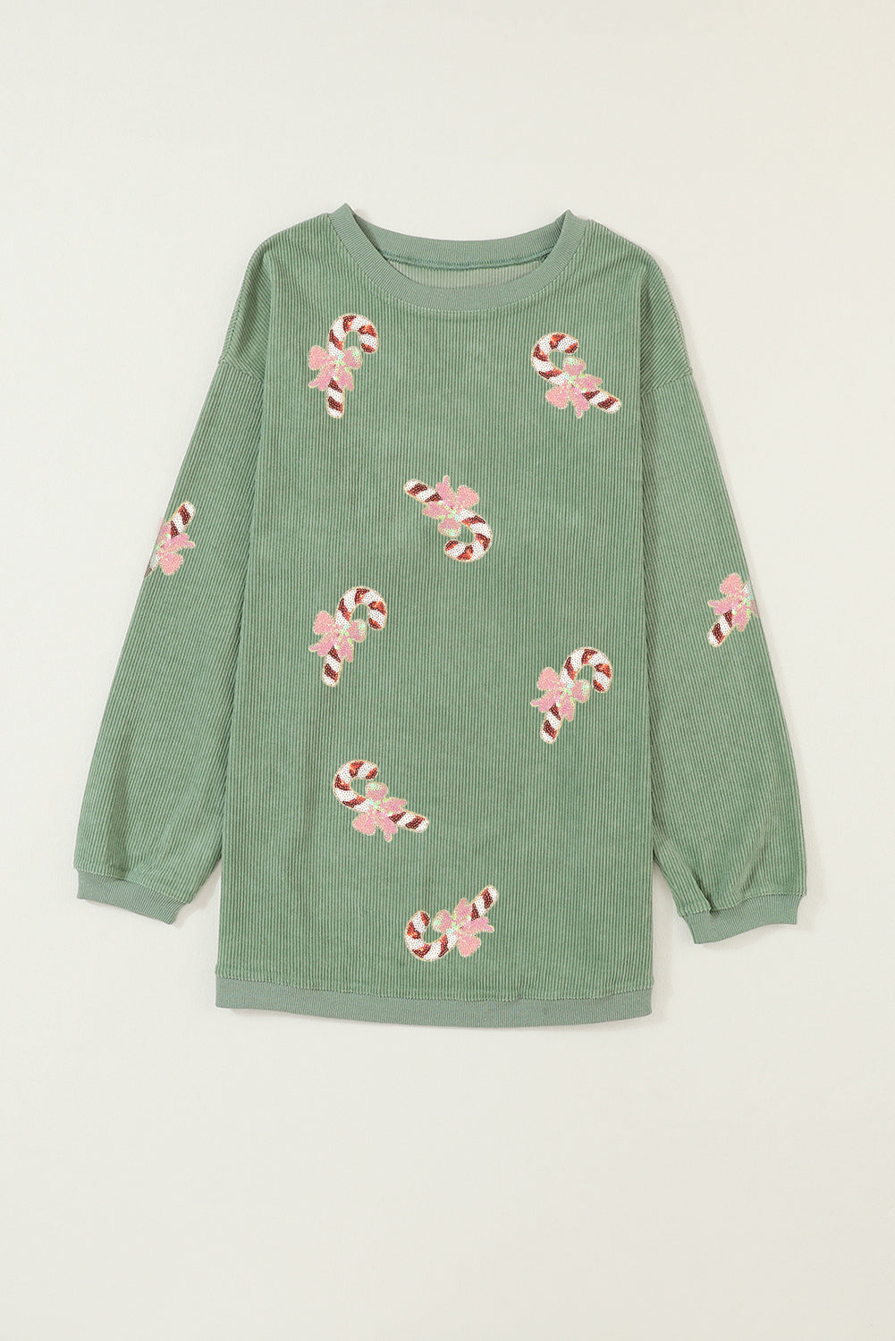 Grass Green Christmas Candy Cane Sequins Patch Corded Ribbed Baggy Sweatshirt