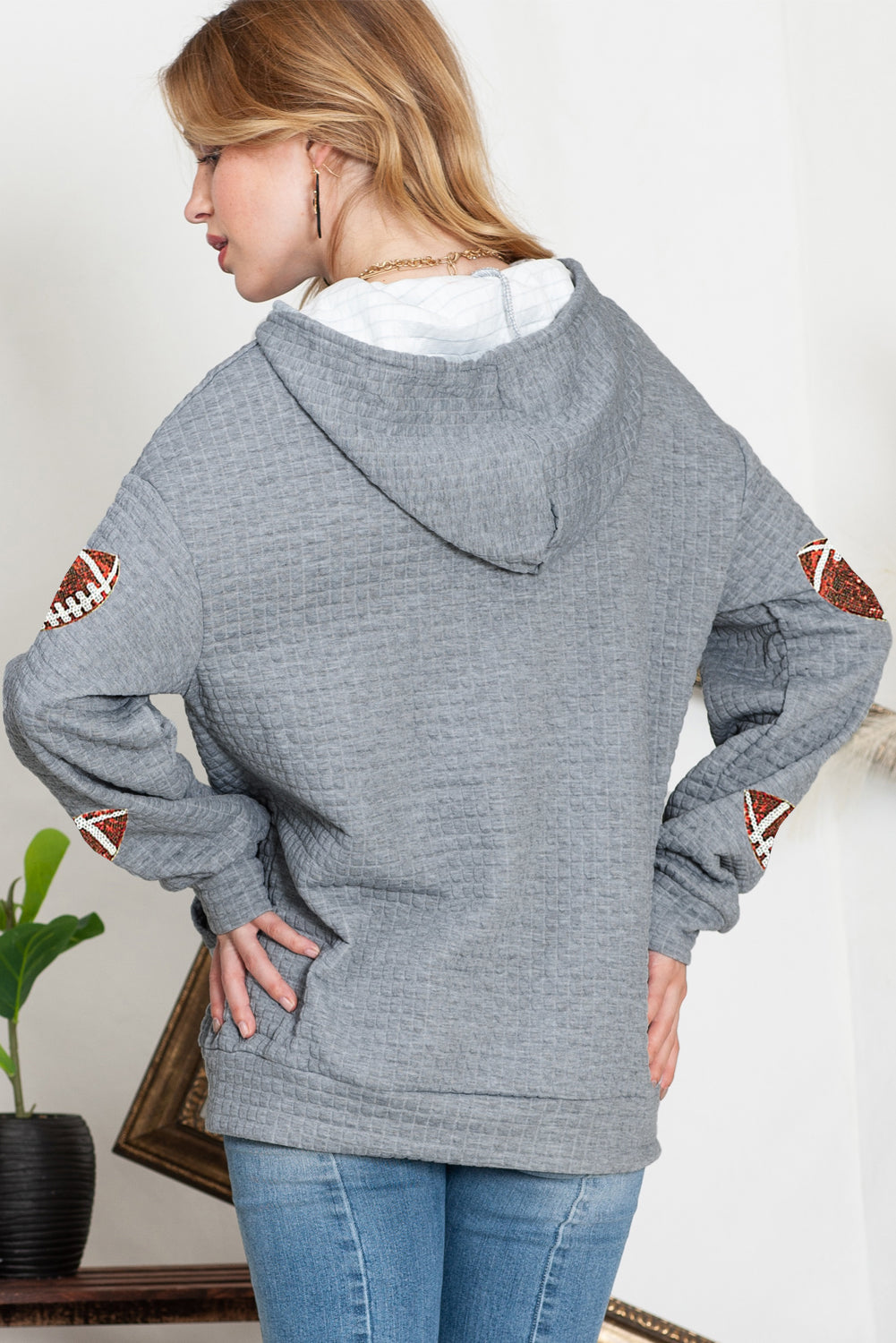 Waffle Knit Sequin Football Kangaroo Pocket Loose Hoodie