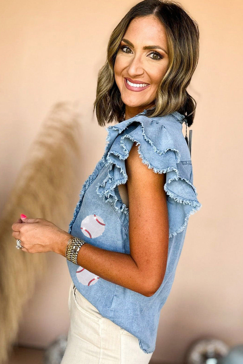 Beau Blue Sequin Baseball Graphic Button Up Ruffle Sleeve Frayed Denim Blouse