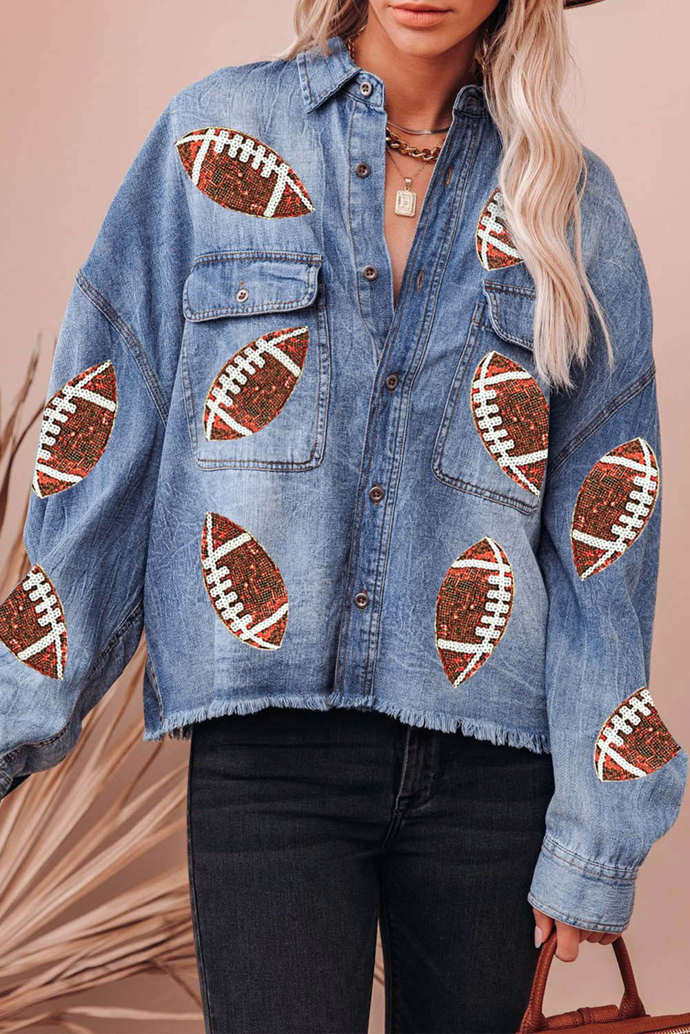 Sequin Football Raw Hem Denim Jacket