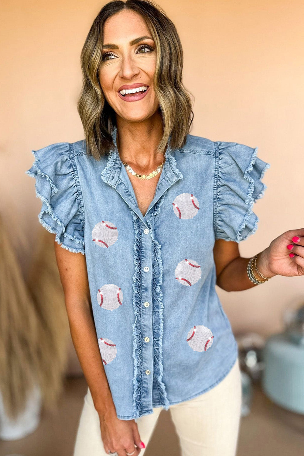 Beau Blue Sequin Baseball Graphic Button Up Ruffle Sleeve Frayed Denim Blouse